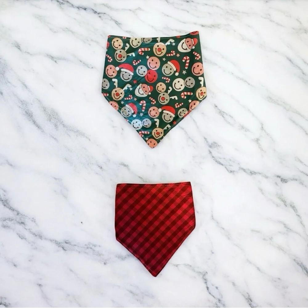 DOG BANDANA - Smiley Christmas & Red Plaid (Reversible) - Size L Large